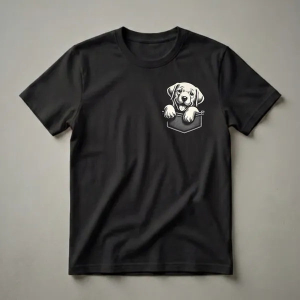 Black graphic t-shirt featuring a black and white illustration of a happy Labrador Retriever puppy peeking out of a pocket with its paws resting on the edge.