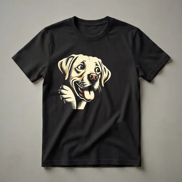 Cream and gold graphic t-shirt featuring a happy, peeking Labrador Retriever with its tongue out against a black background.