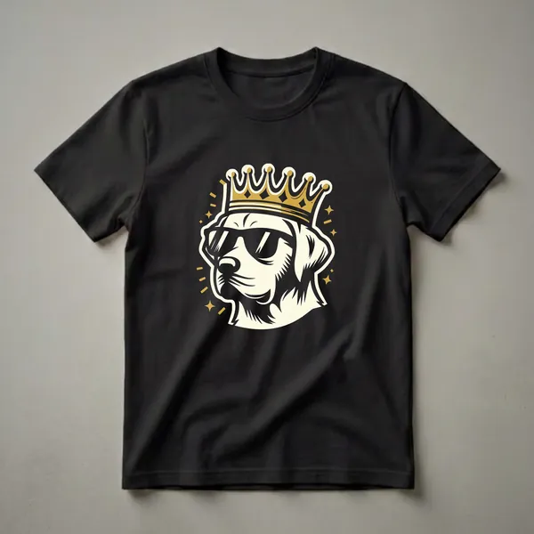 Black t-shirt with a graphic design of a cream-colored Labrador Retriever head wearing a gold crown and black sunglasses, surrounded by gold stars and dashes.
