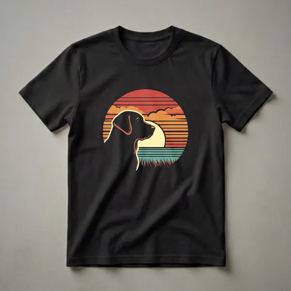 Black Labrador Retriever silhouette against a retro sunset with striped sky and water, on a black t-shirt.