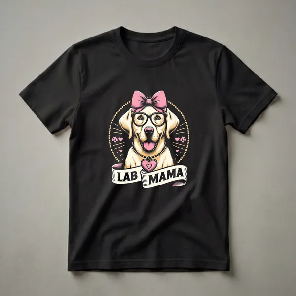 Yellow Labrador Retriever wearing glasses and a pink bow, with 'LAB MAMA' text on a banner, on a black background.