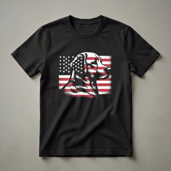Black t-shirt featuring a graphic design of a Labrador Retriever's head with the American flag incorporated into its features, set against a black background.