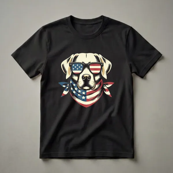 Cream-colored Labrador Retriever wearing sunglasses and a bandana, both designed with the American flag pattern, on a black background.