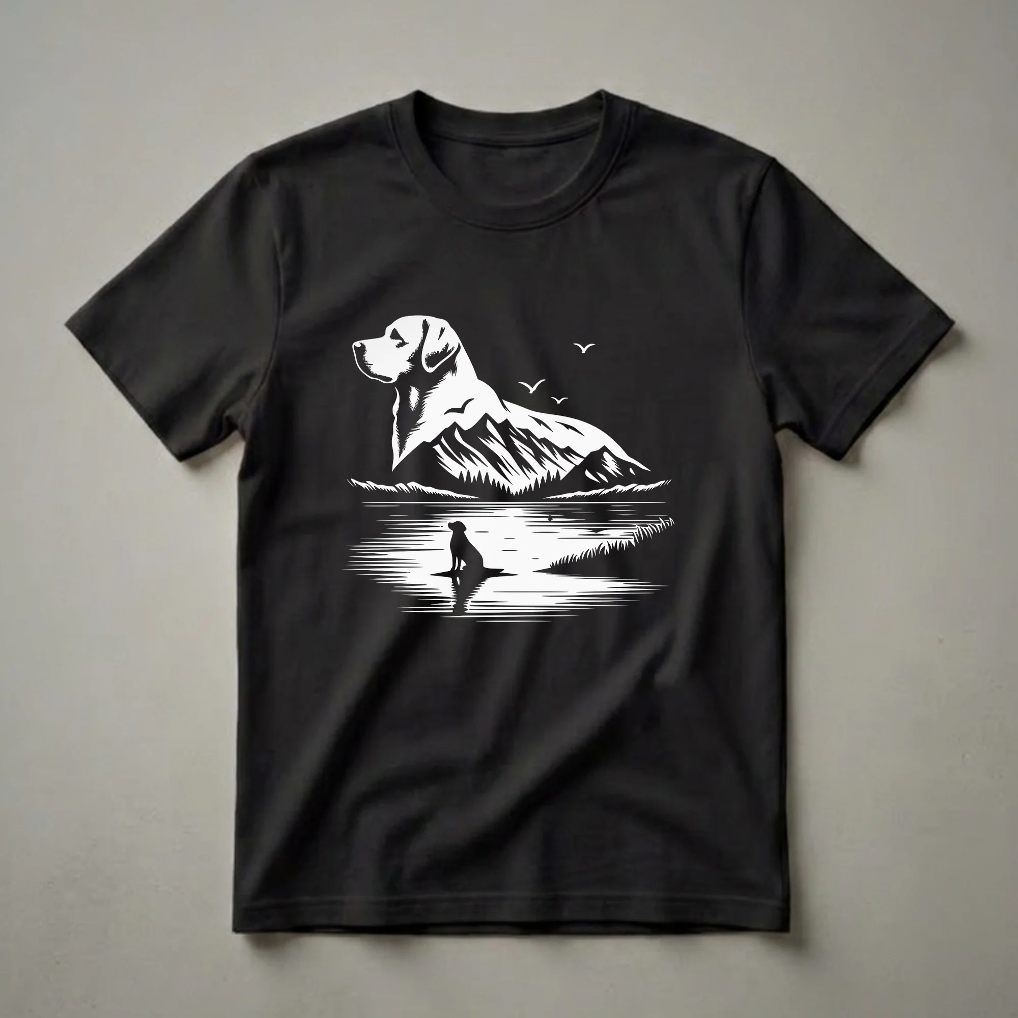 Black t-shirt with a white graphic design of a Labrador Retriever's head merged with mountains and trees, a smaller Labrador silhouette sits by a lake with birds flying overhead.