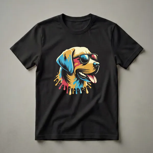 Black t-shirt featuring a stylized Labrador Retriever wearing sunglasses, depicted with dripping paint in yellow, blue, and red colors.