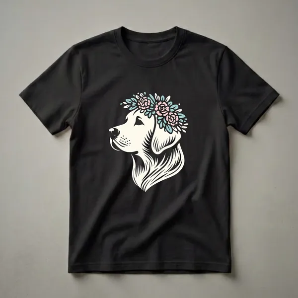 Cream-colored Labrador Retriever dog profile wearing a pink, blue, and white floral crown against a black background.