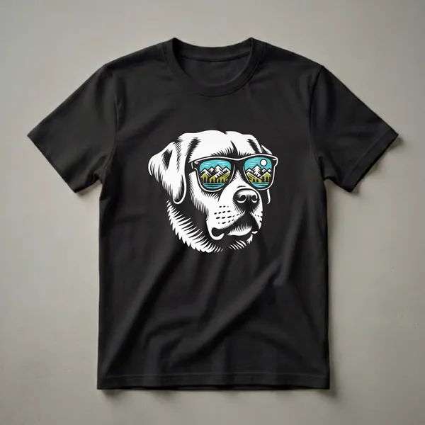 White Labrador Retriever head wearing sunglasses that reflect a mountain lake and pine tree landscape, on a black t-shirt.