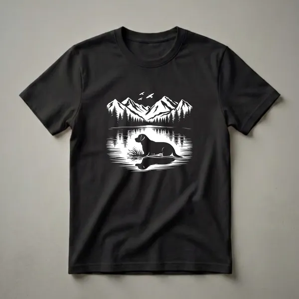 Black graphic t-shirt featuring a silhouette of a Labrador Retriever in a lake with pine trees and mountains in the background, and birds flying overhead.