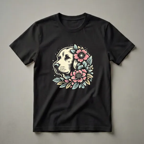 Cream-colored Labrador Retriever head profile with pink and blue floral accents on a black t-shirt.