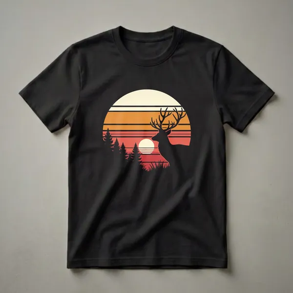 Black graphic t-shirt featuring a silhouette of a stag with antlers against a retro sunset with horizontal stripes of cream, orange, and red, with silhouettes of pine trees and grass.