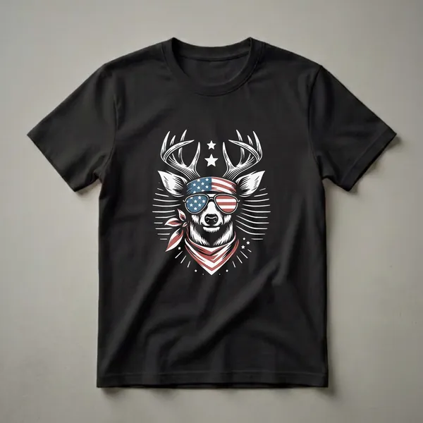 Black t-shirt featuring a graphic of a deer's head wearing American flag sunglasses and bandana, with stars and sunburst elements.