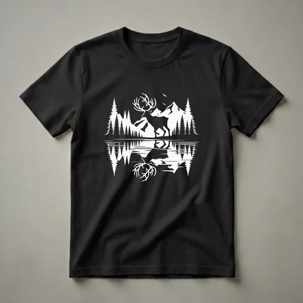 Black t-shirt with a white graphic depicting a stag with large antlers, mountains, pine trees, and a reflective lake, with two birds in the sky.