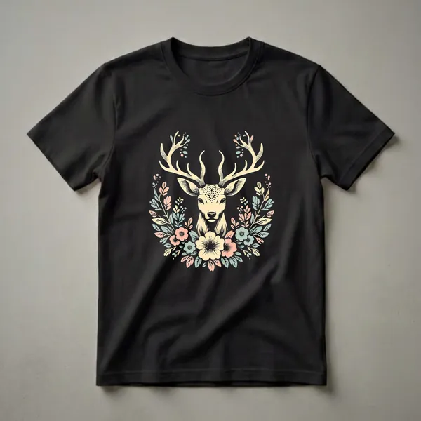Black t-shirt featuring a graphic of a deer's head with antlers, surrounded by a wreath of pastel flowers and leaves in shades of cream, pink, and mint green.