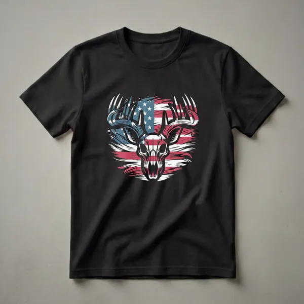 Black t-shirt with a graphic design of a deer skull with antlers, overlaid with a distressed American flag in red, white, and blue.