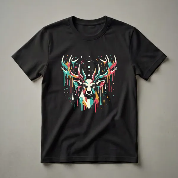 Black t-shirt with a colorful, abstract deer head graphic featuring dripping paint antlers in teal, red, yellow, and cream.
