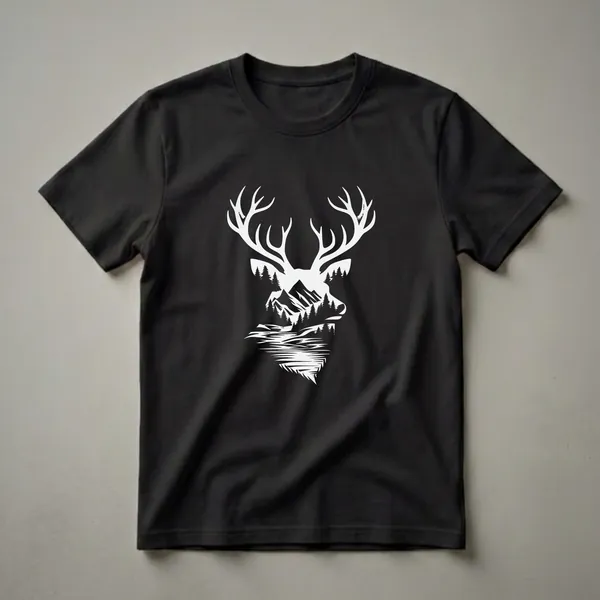 White graphic t-shirt featuring a deer head silhouette filled with a mountain range, pine trees, and a lake, on a black background.