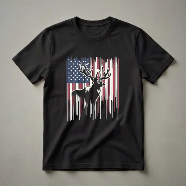 Black graphic t-shirt featuring a silhouette of a buck with large antlers against a distressed American flag design with dripping vertical stripes.