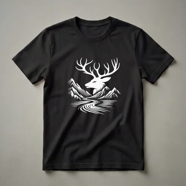 White graphic of a stag with large antlers, set against a stylized mountain range and a winding river, printed on a black t-shirt.
