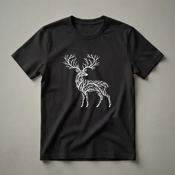 A white graphic of a deer with antlers, where the body and antlers are formed from intricate branch-like patterns, on a black t-shirt.