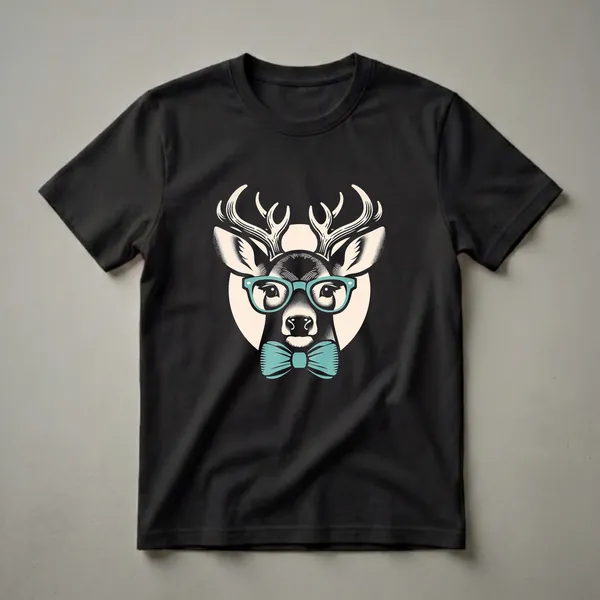 Black t-shirt featuring a graphic of a deer's head with antlers, wearing teal glasses and a teal bowtie, set against a cream circular background.