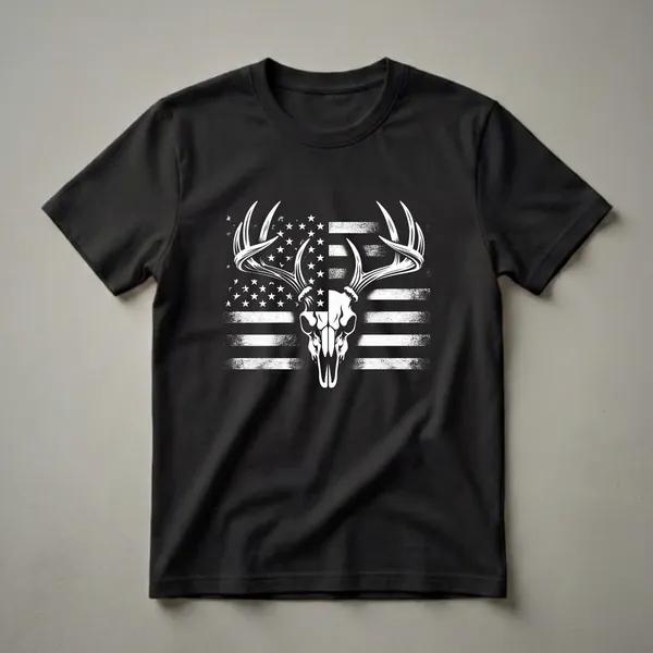 Black t-shirt with a white graphic of a buck deer skull with large antlers superimposed over a distressed American flag.