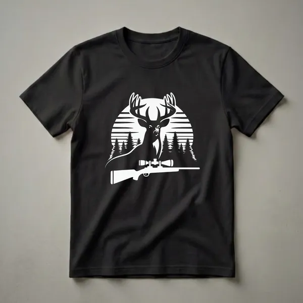 White graphic design on a black t-shirt showing a buck with large antlers, pine trees, and a hunting rifle with a scope in front of a striped circle.