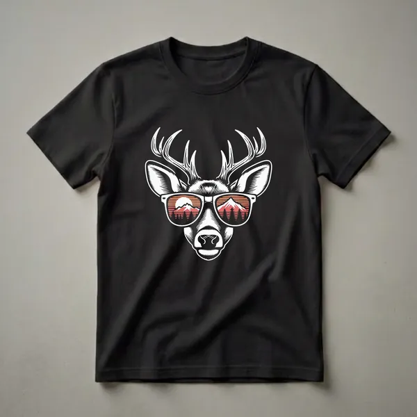 Black t-shirt featuring a white graphic of a deer's head wearing sunglasses. The sunglasses reflect a mountain range at sunset with pine trees in the foreground.