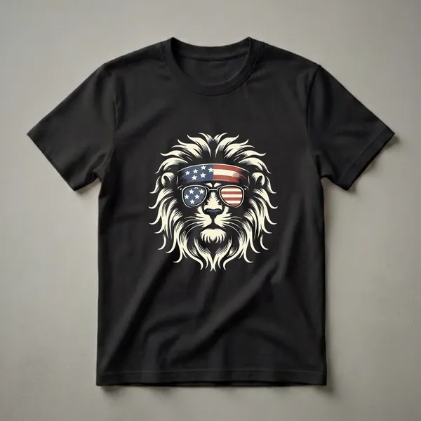Black t-shirt featuring a graphic of a lion's head with a cream-colored mane, wearing a bandana and sunglasses designed with the American flag pattern.