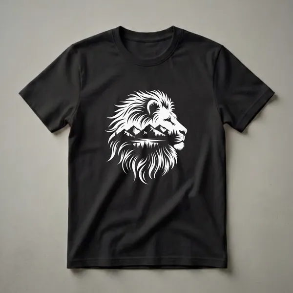 White graphic of a lion's head in profile, with a mountain range, lake, and pine trees integrated into its mane and face, on a black t-shirt.