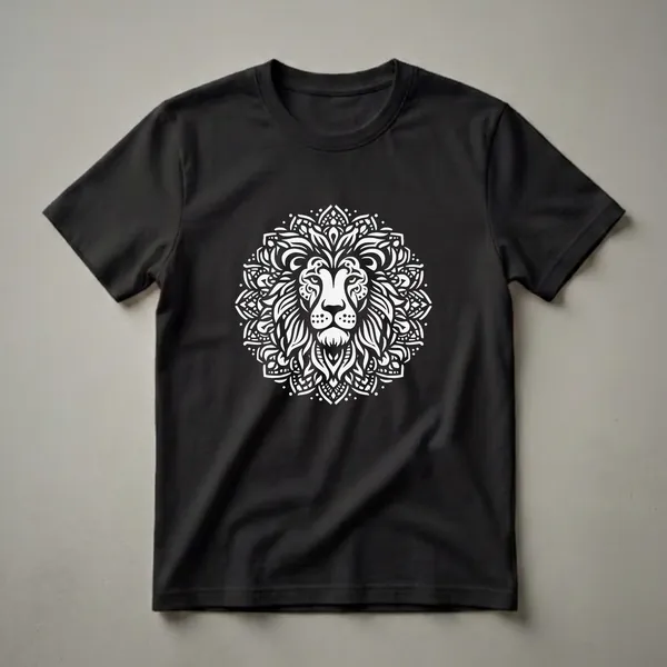 White tribal lion mandala graphic art design on a black t-shirt, featuring intricate patterns around the lion's face.