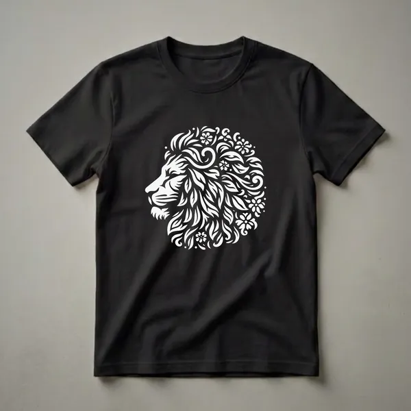 White graphic of a lion's head in profile, with its mane formed by swirling floral and leaf patterns, set against a black background.