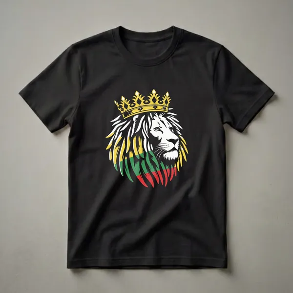 Black t-shirt featuring a stylized white lion's head wearing a gold crown, with its mane colored in red, green, and yellow stripes representing the Rastafarian flag.