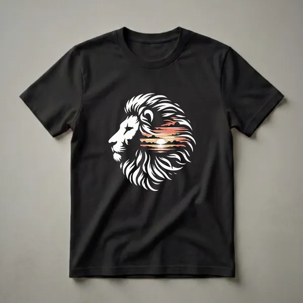 Black t-shirt with a white silhouette of a lion's head, its mane filled with a retro sunset scene of orange, peach, and tan clouds and a glowing sun over water.