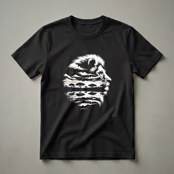 Black t-shirt with a monochrome graphic design of a lion's head in profile, featuring a savanna landscape with acacia trees and clouds within its mane and face.