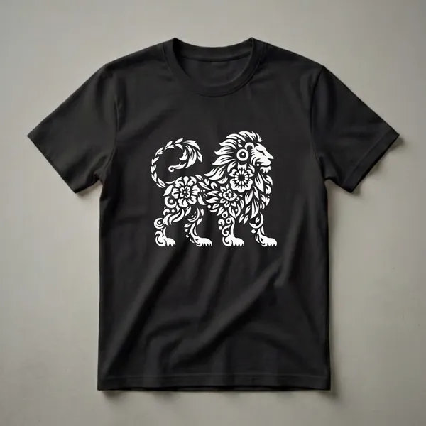 White floral lion graphic t-shirt on a black background, featuring intricate flower and leaf patterns forming the lion's silhouette.