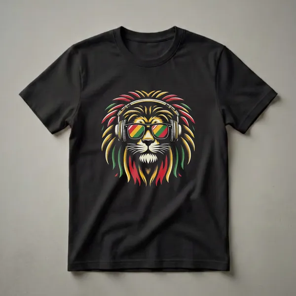 Black t-shirt featuring a graphic of a lion's head wearing headphones and sunglasses, with its mane and sunglasses reflecting Rasta colors of red, yellow, and green.