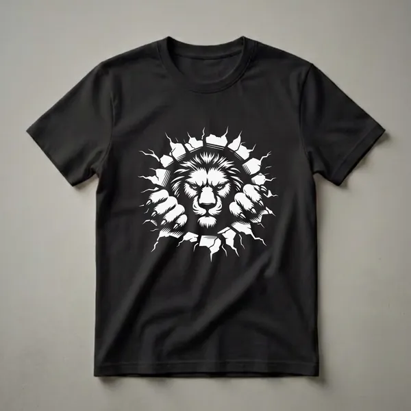 White graphic of a lion's face and paws breaking through a cracked surface on a black t-shirt.