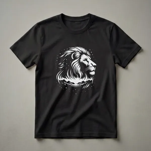 Black t-shirt with a monochromatic graphic of a lion's head in profile, set against a night sky with stars, mountains, and water.