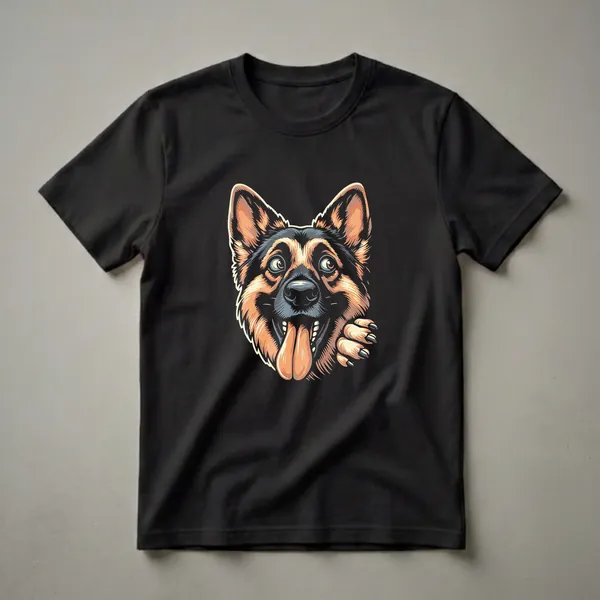 Black t-shirt with a graphic of a German Shepherd's head peeking from the side, tongue out, with a playful expression and one paw visible.