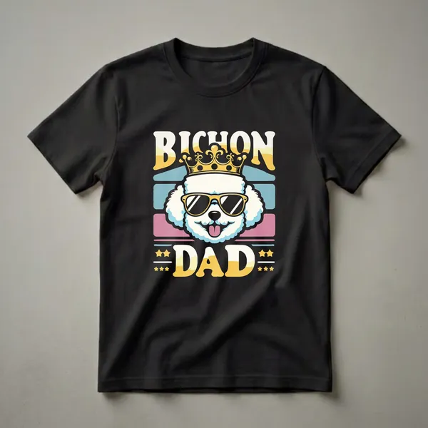 Black t-shirt featuring a graphic of a white Bichon Frise dog wearing gold sunglasses and a gold crown, with the words 'BICHON DAD' in retro yellow and white lettering.
