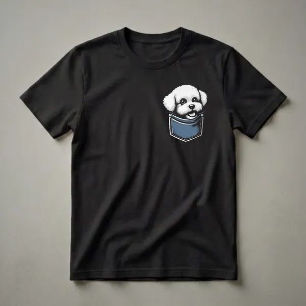 Black t-shirt featuring a graphic of a white Bichon Frise dog peeking out of a blue denim pocket with stitching details.