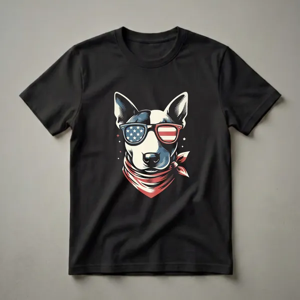 Black t-shirt featuring a graphic of a Bull Terrier dog wearing sunglasses designed with the American flag pattern and a red and white striped bandana.