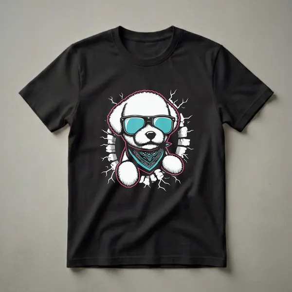 A graphic t-shirt featuring a white Bichon Frise dog wearing black sunglasses with blue lenses and a teal bandana, breaking through a cracked black background.