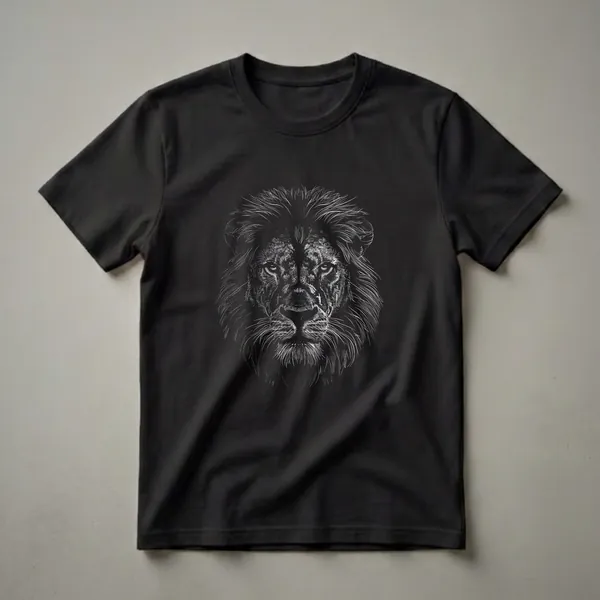 Black t-shirt with a white line art illustration of a male lion's face, showing its mane, eyes, and nose in detail.