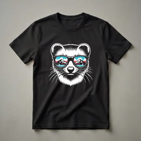 Black graphic t-shirt featuring a white weasel wearing black sunglasses, with a colorful mountain lake landscape reflected in the lenses.