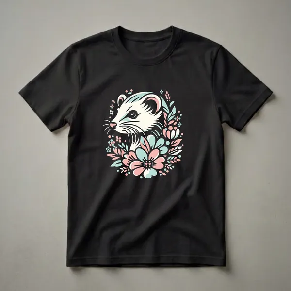 Cream, pink, and teal floral weasel graphic t-shirt design on a black background.