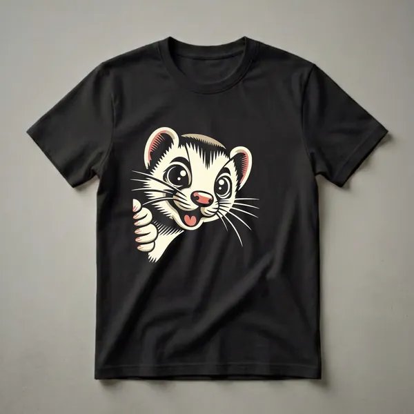 Cream and black graphic t-shirt featuring a smiling cartoon ferret with large eyes and pink nails, peeking from the side.