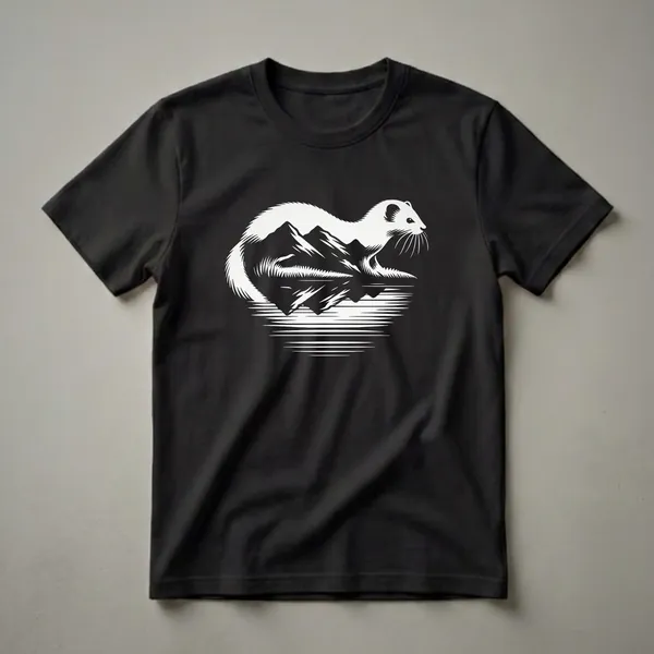 White graphic t-shirt featuring a weasel with its body forming mountains and a reflection in water.