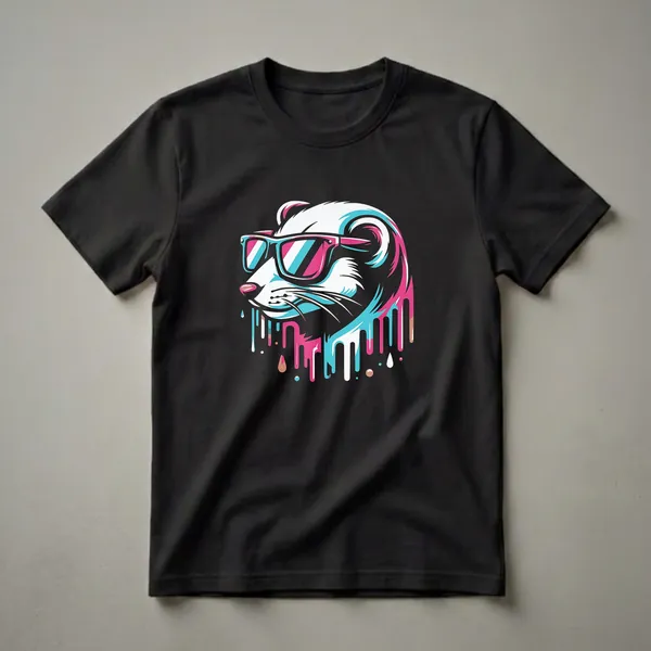 Black t-shirt featuring a white ferret head wearing pink and turquoise geometric sunglasses with colorful pink, turquoise, and white paint drips.
