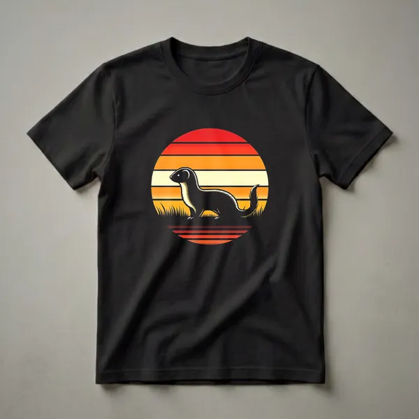 Black weasel silhouette in front of a circular retro sunset with orange, yellow, and red stripes, set against a black background.